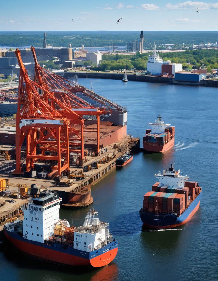 A panoramic view of Duluth's bustling harbor, showcasing large cargo ships being loaded and unloaded. Include iconic landmarks like the Aerial Lift Bridge, with seagulls soaring overhead and workers in safety gear. The scene should capture the essence of the maritime industry, with bright skies reflecting on the water and containers colored in vibrant hues. super-realistic. vibrant colors. 3D.