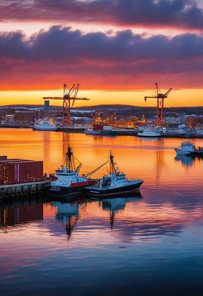 A panoramic view of Duluth's bustling harbor showcasing innovative shipping vessels, cranes, and transportation logistics in action. The scene should highlight the blend of modern technology with historical maritime elements, featuring boats and cargo containers against a stunning sunset backdrop. Include local wildlife like seagulls to enhance the waterfront atmosphere. super-realistic. vibrant colors. high detail.