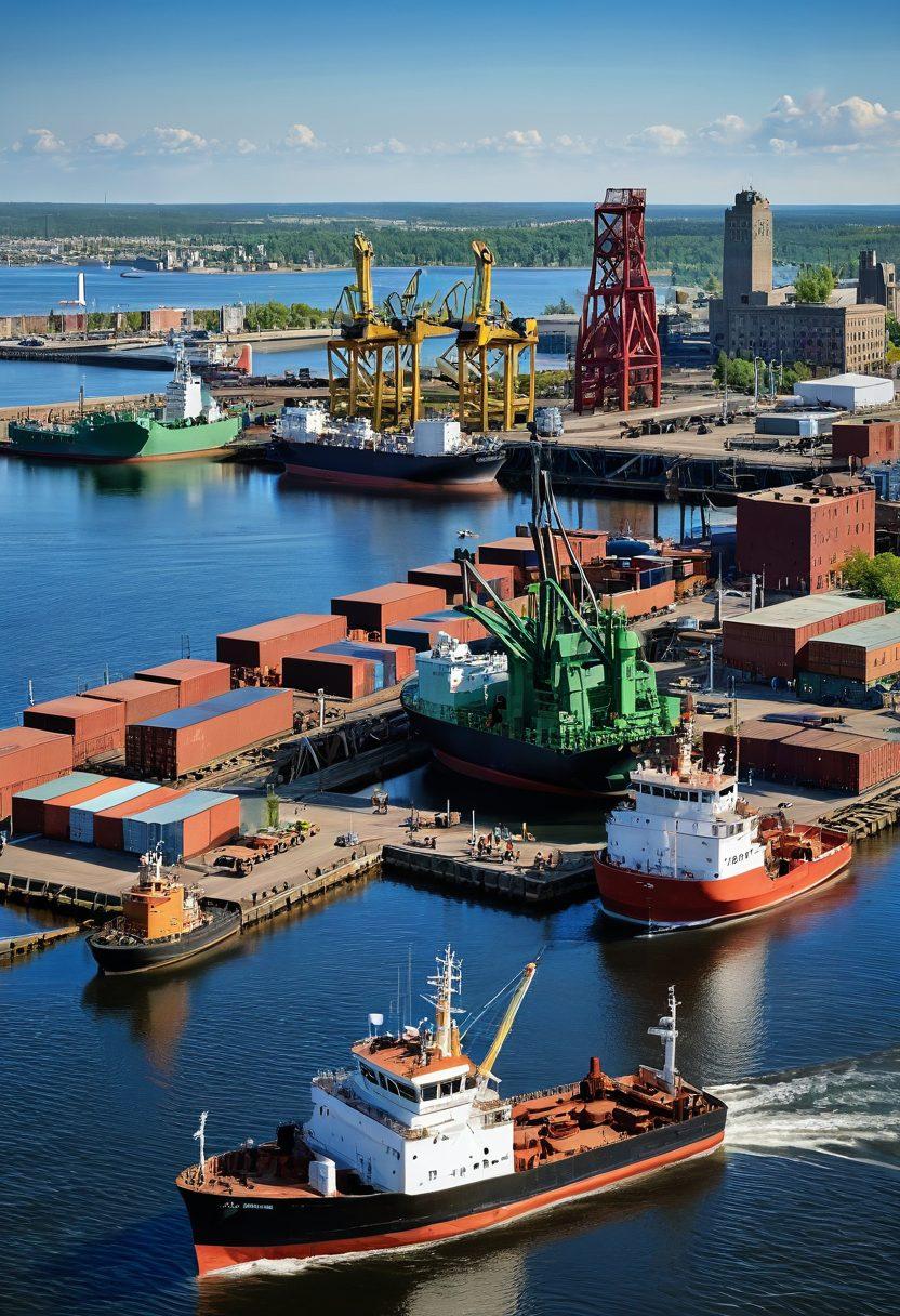 A bustling harbor scene in Duluth, showcasing large cargo ships and tugboats, with key maritime developments like new docks and cranes in the background. Include smiling workers and cargo being loaded and unloaded, with the beautiful Great Lakes shimmering in the sunlight. The skyline of Duluth with modern buildings and lush green areas surrounds the harbor, symbolizing growth and economic vitality. super-realistic. vibrant colors. 3D.